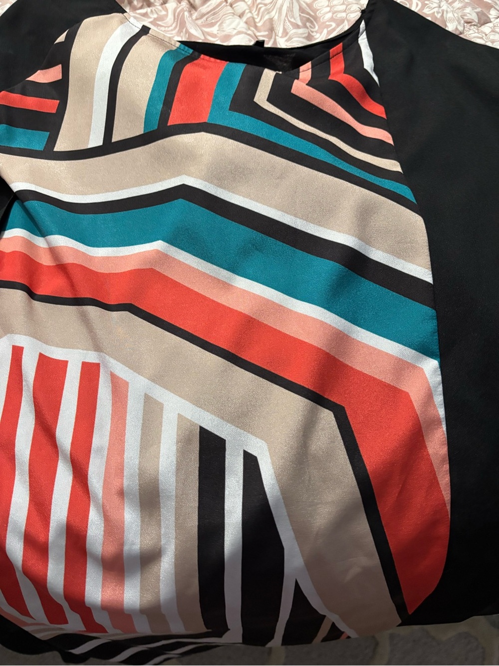 Striped Multicolor Geometric Blouse - Black, Teal, Coral, Cream